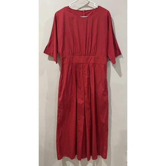 Max Mara Studio Womens Red Midi Dress Sz US 12 Pleated Short Sleeve Pockets - Picture 1 of 4